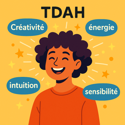 Portrait positif d’une personne TDAH, illustrant ses forces : énergie, créativité, empathie et pensée rapide